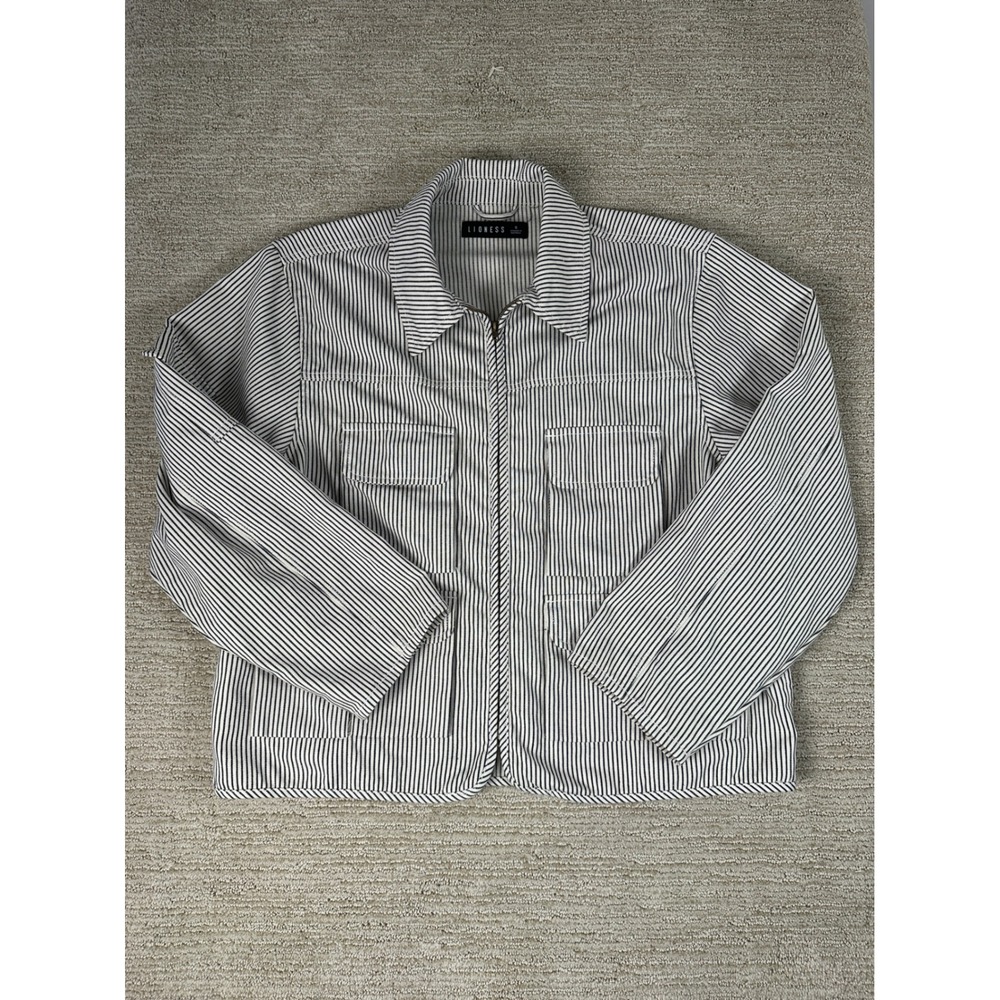 Lioness Striped Utility Jacket Black White Zip Front Pinstripe Pockets Small
